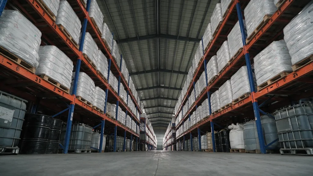 Warehouse aisle between storage racks