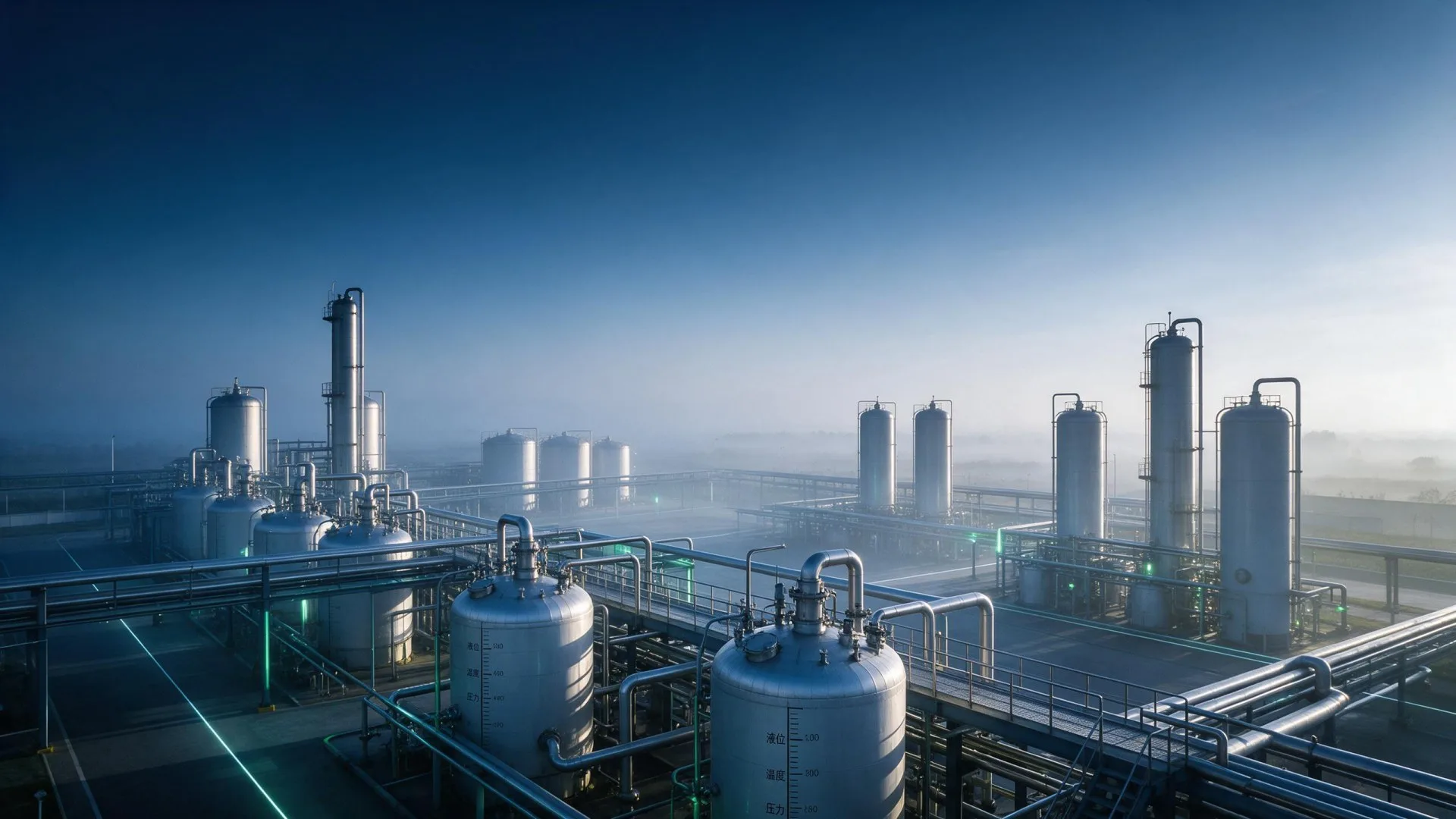 Maven lubricant additive plant with stainless steel reactors and storage tanks at dawn