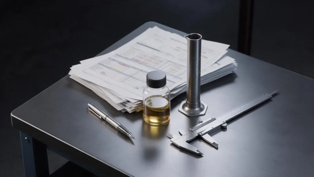 Technical data sheets, an oil sample, a measuring cylinder and a caliper on a dark desk