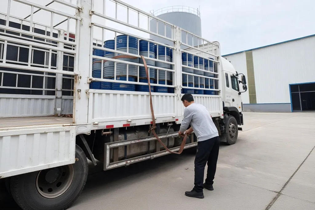 Blue and silver drums loaded on a truck at the Maven warehouse dock