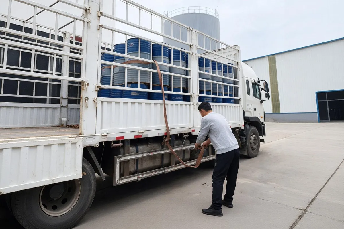 Blue and silver drums loaded on a truck at the Maven warehouse dock
