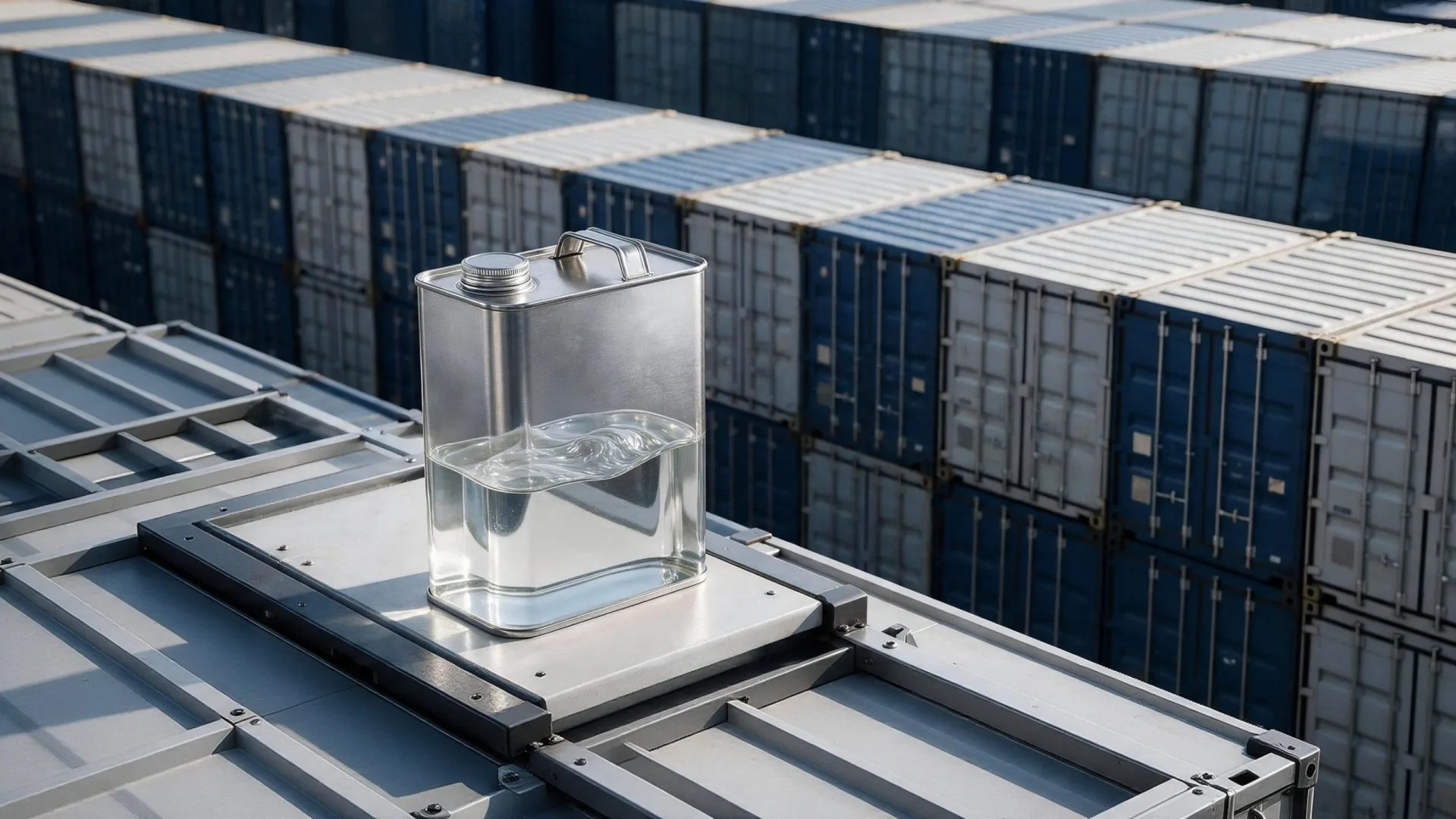 Metal can of clear lubricant additive in front of stacked shipping containers