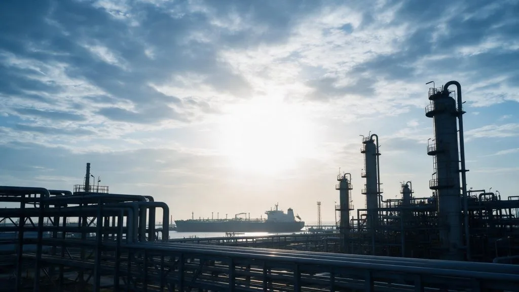 Refinery towers and a product tanker at sunrise
