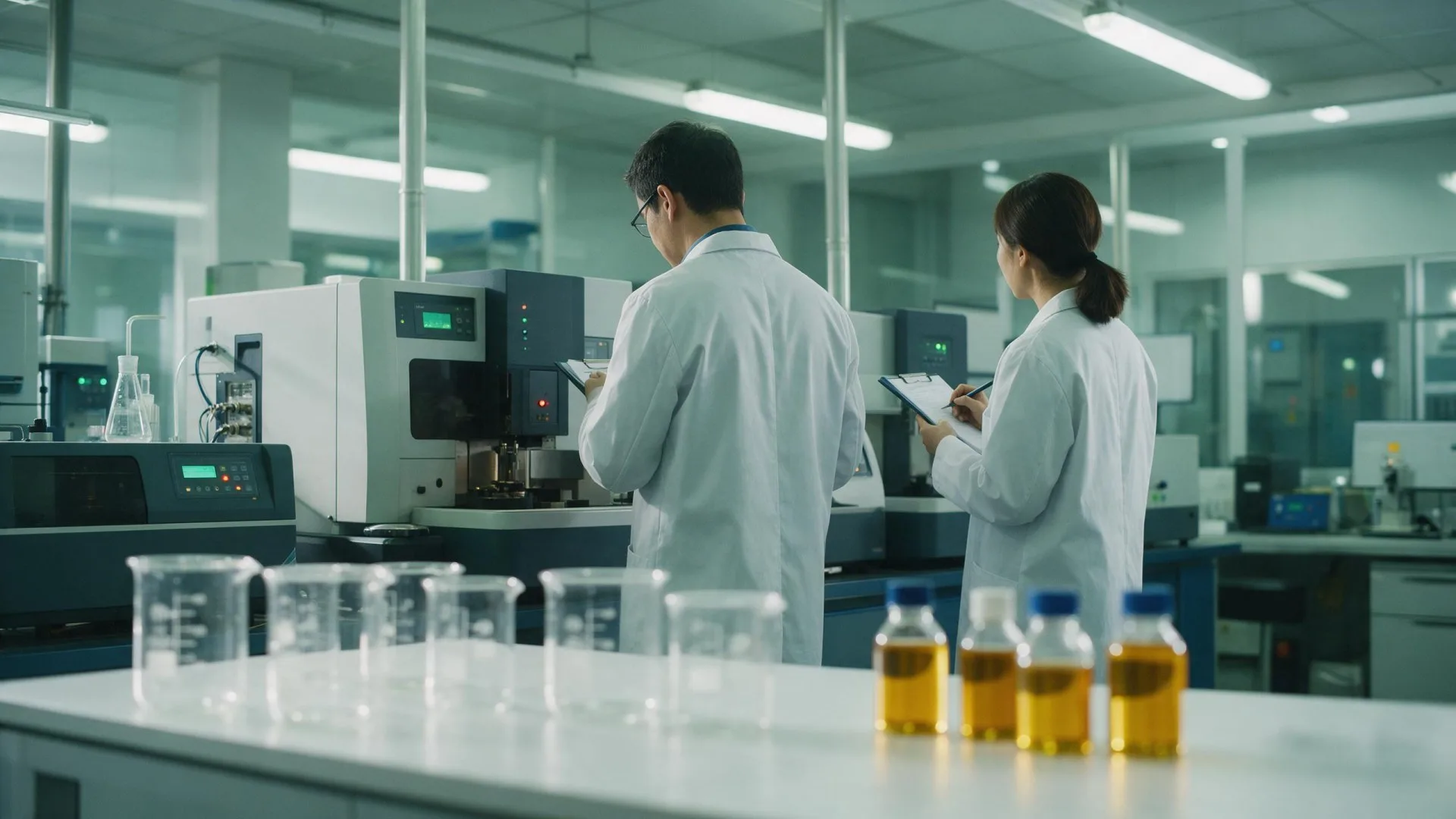 Technicians testing lubricant samples in the Maven laboratory